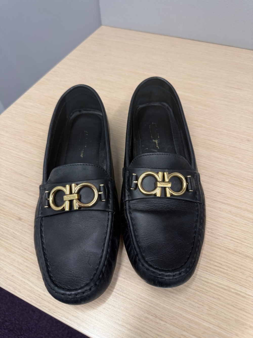 Salvatore Ferragamo Black Leather Loafers with Gold Gancio Hardware